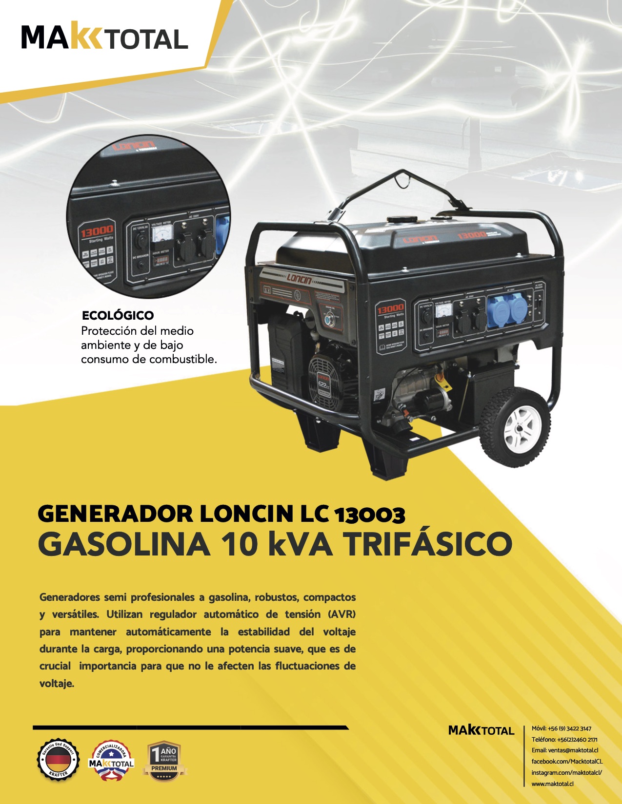 Generador Gasolina 10 KVA Trifásico